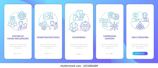 Creator economy trends blue gradient onboarding mobile app screen. Walkthrough 5 steps graphic instructions with linear concepts. UI, UX, GUI template. Myriad Pro-Bold, Regular fonts used