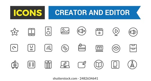 Creator and Editor icons collection. Set of editor icons for ui design isolated. Outline icons pack. Editable vector icon set and illustration for web and UI.