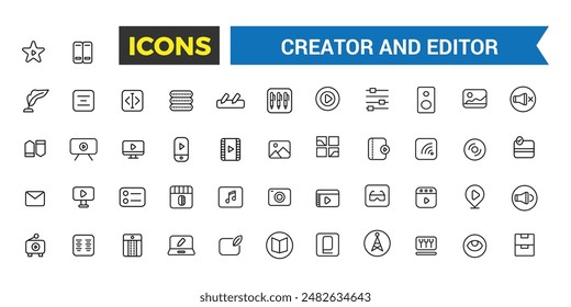 Creator and Editor icons collection. Set of editor icons for ui design isolated. Outline icons pack. Editable vector icon set and illustration for web and UI.