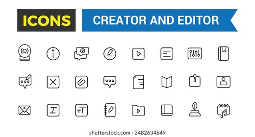 Creator and Editor icons collection. Set of editor icons for ui design isolated. Outline icons pack. Editable vector icon set and illustration for web and UI.