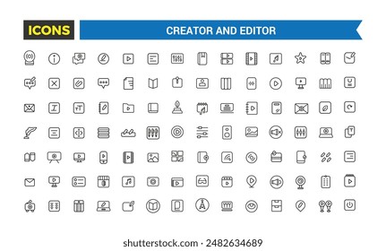 Creator and Editor icons collection. Set of editor icons for ui design isolated. Outline icons pack. Editable vector icon set and illustration for web and UI.