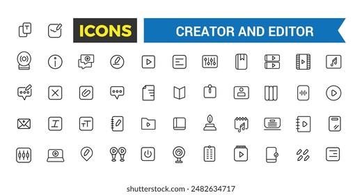 Creator and Editor icons collection. Set of editor icons for ui design isolated. Outline icons pack. Editable vector icon set and illustration for web and UI.