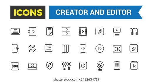 Creator and Editor icons collection. Set of editor icons for ui design isolated. Outline icons pack. Editable vector icon set and illustration for web and UI.