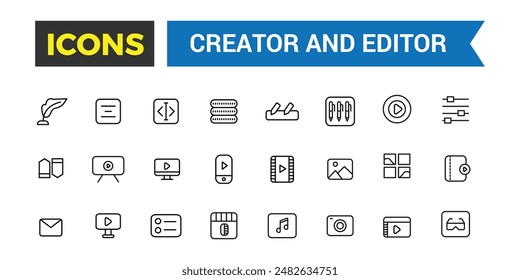 Creator and Editor icons collection. Set of editor icons for ui design isolated. Outline icons pack. Editable vector icon set and illustration for web and UI.