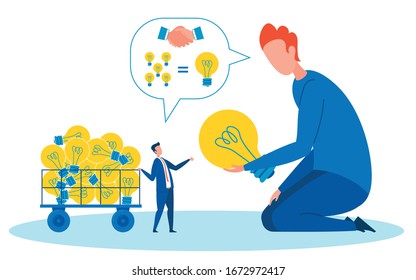 Creator Giving License to Company, Corporation. Striking Deal With Corporate Representative Cartoon Illustration. Startup Project Investment. Receiving Royalties for Selling Big Idea, Invention