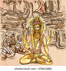 Creator God. BRAHMA. Freehand sketching, line drawing. A hand drawn vector illustration. Colored background is isolated. Line art technique. Colored. Vector is easy editable.
