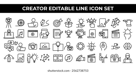 Creator Icon Set featuring editable line icons of creative tools, design elements, and content creation items. Perfect for artists, graphic designers, branding, websites, apps, and digital projects.