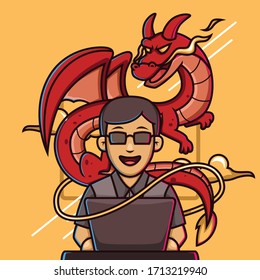 Creator illustration with dragon flying behind