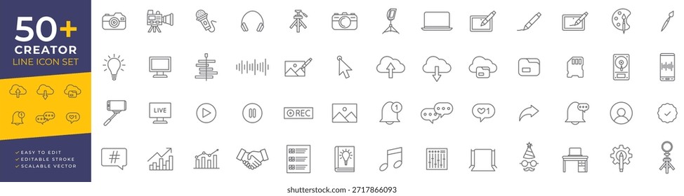 Criador: conjunto de ícones de linha para criadores de conteúdo digital, produção de vídeo, fotografia, vlogging e streaming, com câmeras, microfones e equipamentos de estúdio essenciais.