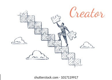 Creator. A man is running up the ladder from puzzles. Vector business concept illustration, hand drawn sketch.
