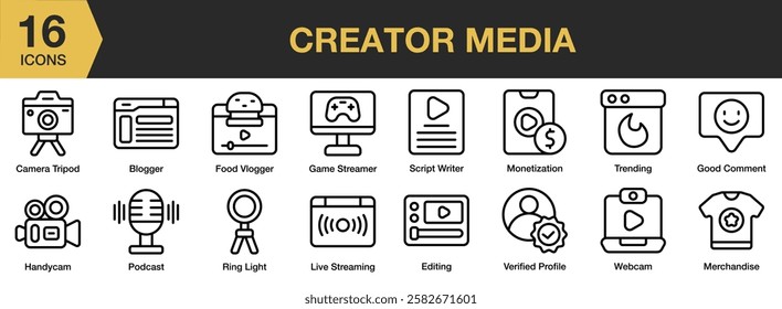 Creator media icon set. Includes content creator, internet, social media, content, creative, and More. Outline icons vector collection.