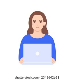 A creator operating a computer. Smiling woman. Vector illustration.
