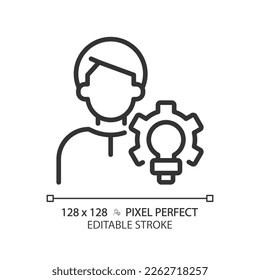 Icono lineal perfecto del píxel del creador. arquetipo de caracteres. Me gusta hacer cosas. Artista e inventor. Teoría psicoanalítica. Ilustración de línea delgada. Símbolo de contorno. Dibujo del contorno del vector. Trazo editable