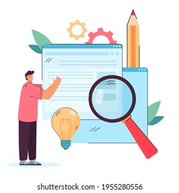 Creator publishing new digital content. Man holding web page, adding information on website flat vector illustration. Digital content, management concept for banner, website design or landing web page