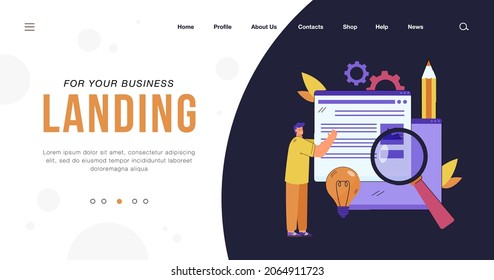 Creator publishing new digital content. Man holding web page, adding information on website flat vector illustration. Digital content, management concept for banner, website design or landing web page