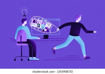 Creator sitting at desk and working and plagiarist or pirate stealing his ideas, content, work results. Concept of plagiarism and infringement of copyright. Flat cartoon colorful vector illustration.