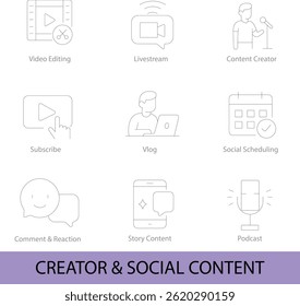Contenido social de Creator 9 iconos de línea editables para Vlog, podcast Story Media