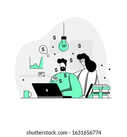 Creator team of two people. A man and a woman are watching the process of earning on the Internet. Family business concept. Flat linear design. Vector illustration. Husband and wife at work...