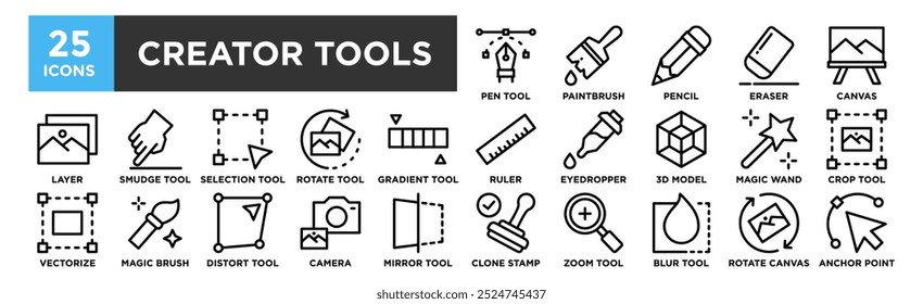 Conjunto de coleta de ícone Ferramentas do Criador. Contendo criador de design, tecnologia, digital, estúdio, vídeo, conteúdo, design