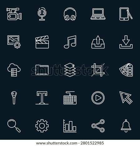 Creator tools line outline icon set pack with video camera, microphone, laptop, clapperboard, upload, crop, play and share symbol. Clean vector icon icons for media, editing and