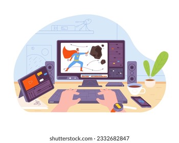 Creator video animations. Computer screen of motion designer animator, game artist pc desk software for creating editor graphic art studio workplace vector of process screen animator illustration