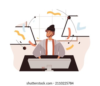 Creator Work At Computer. Creative Digital Artist At PC Desk. Art Director At Desktop. Motion Designer At Workplace, Creating And Designing. Flat Vector Illustration Isolated On White Background