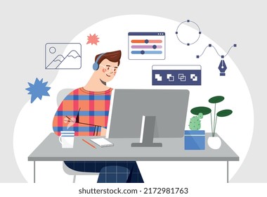 El creador trabaja en casa. Empleado remoto o autónomo en el equipo. El diseñador gráfico crea elementos para el sitio web o la interfaz para programas y aplicaciones móviles. Dibujo vectorial plano de dibujos animados