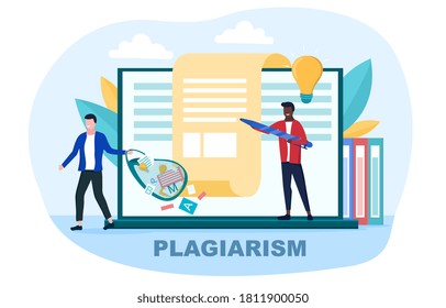 Creator Writing An Article And Plagiarist Or Pirate Stealing His Ideas, Content, Work Results. Concept Of Plagiarism And Infringement Of Copyright. Flat Vector Illustration.