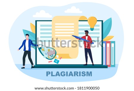 Creator writing an article and plagiarist or pirate stealing his ideas, content, work results. Concept of plagiarism and infringement of copyright. Flat vector illustration.