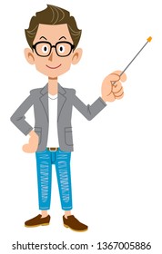 Creator-like young man in a jacket with a pointing stick