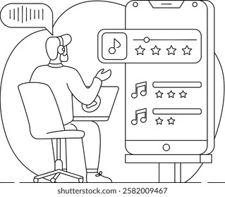 creators audiences reviews on app vector design, Podcast slice-of-life journalism sign, Web television series symbol, audio blog journals illustration, podcaster analyzes audience feedback concept