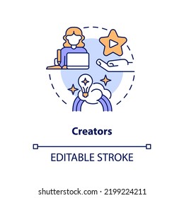 Creators Concept Icon. Content Creation. Creator Economy Stakeholder Abstract Idea Thin Line Illustration. Isolated Outline Drawing. Editable Stroke. Arial, Myriad Pro-Bold Fonts Used