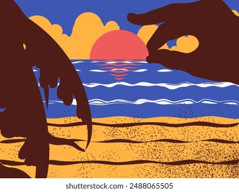 A creator's hand carefully setting the red sun over the horizon with a beautiful navy-blue ocean with white waves and sandy beach with palm in the forefront; a flat cartoon-styled illustration.