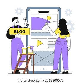 Creators with new post. Man and woman near huge smartphone. SMM specialists publish content on social networks and messengers. Influencers blog. Linear vector illustration isolated on white background