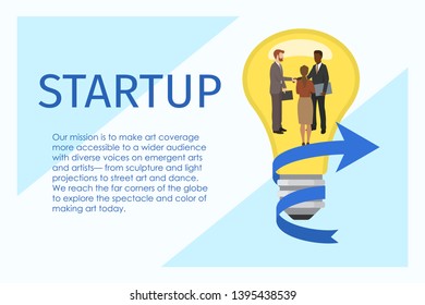 Creators startup standing together and having discussion banner vector illustration. Lamp as sign of idea. Workers in formal suits shaking hands. People communicating in team holding documents.
