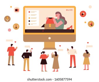 Creators and viewers who personally broadcast on social media. Various web digital icons. flat design style minimal vector illustration.