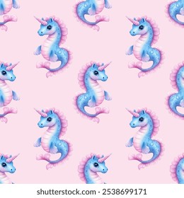 Creature blend of a seahorse and a unicorn. The blue and pink tones create a playful, magical scene, perfect for children’s decor and fantasy themes. Vector seamless pattern for girl backpack fabric