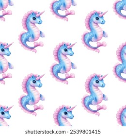 Creature blend of a seahorse and a unicorn. The blue and pink tones create a playful, magical scene, perfect for children’s decor and fantasy themes. Vector seamless pattern for girl backpack fabric