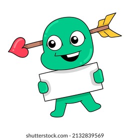 creature carrying blank banner template, vector illustration art. doodle icon image kawaii.