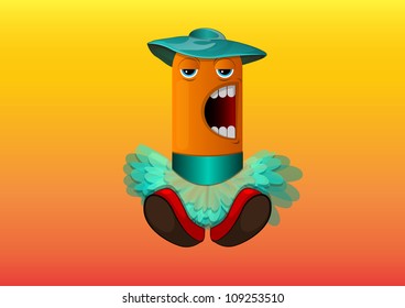 Creature in Disguise, Orange Monster in Blue Dress Skirt Hat Red Shoes, vector illustration