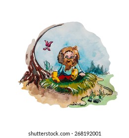 Creature of folklor sitting under the tree. Beautiful illustration for a fairytale. 
