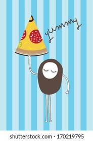 creature holding yummy pizza poster template vector/illustration / background/ greeting card