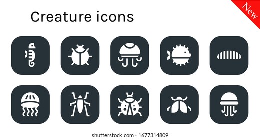 creature icon set. 10 filled creature icons. Included Seahorse, Ladybug, Jellyfish, Puffer fish, Caterpillar, Insect icons