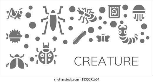 creature icon set. 11 filled creature icons.  Simple modern icons about  - Grasshopper, Insect, Puffer fish, Centipede, Ladybug, Moth, Ant, Creature, Caterpillar, Jellyfish