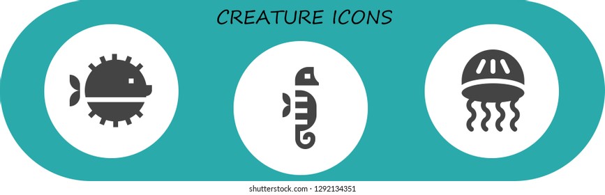  creature icon set. 3 filled creature icons. Simple modern icons about  - Puffer fish, Seahorse, Jellyfish