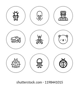 Creature icon set. collection of 9 outline creature icons with cicada, dinosaur, jellyfish, frankenstein, fly, ladybug icons. editable icons.
