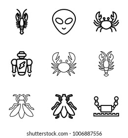 Creature icons. set of 9 editable outline creature icons such as crab, fly, alien head
