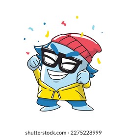 creature mascots such as aliens, people, strange animals with blue bodies and hair wearing glasses, yellow jackets representing young people who are happy to celebrate something