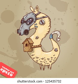 creature with a mask and bird houses