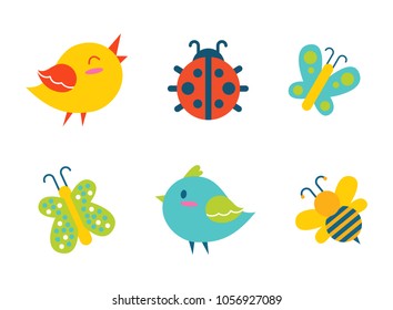 Creatures collection birds and ladybug, bee and butterflies, with colorful wings. creatures set, vector illustration isolated on white background